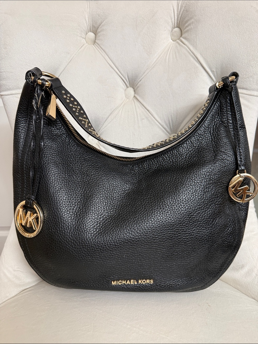 Michael Kors Black Pebbled Leather Hobo – Large Slouchy Shoulder Bag with Gold